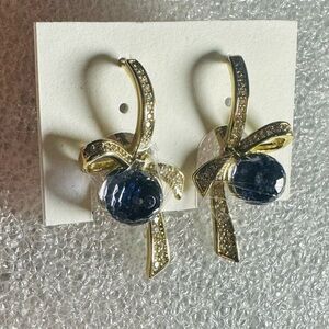 Elegant Gold and Blue Bow Earrings (14k Laminated gold)